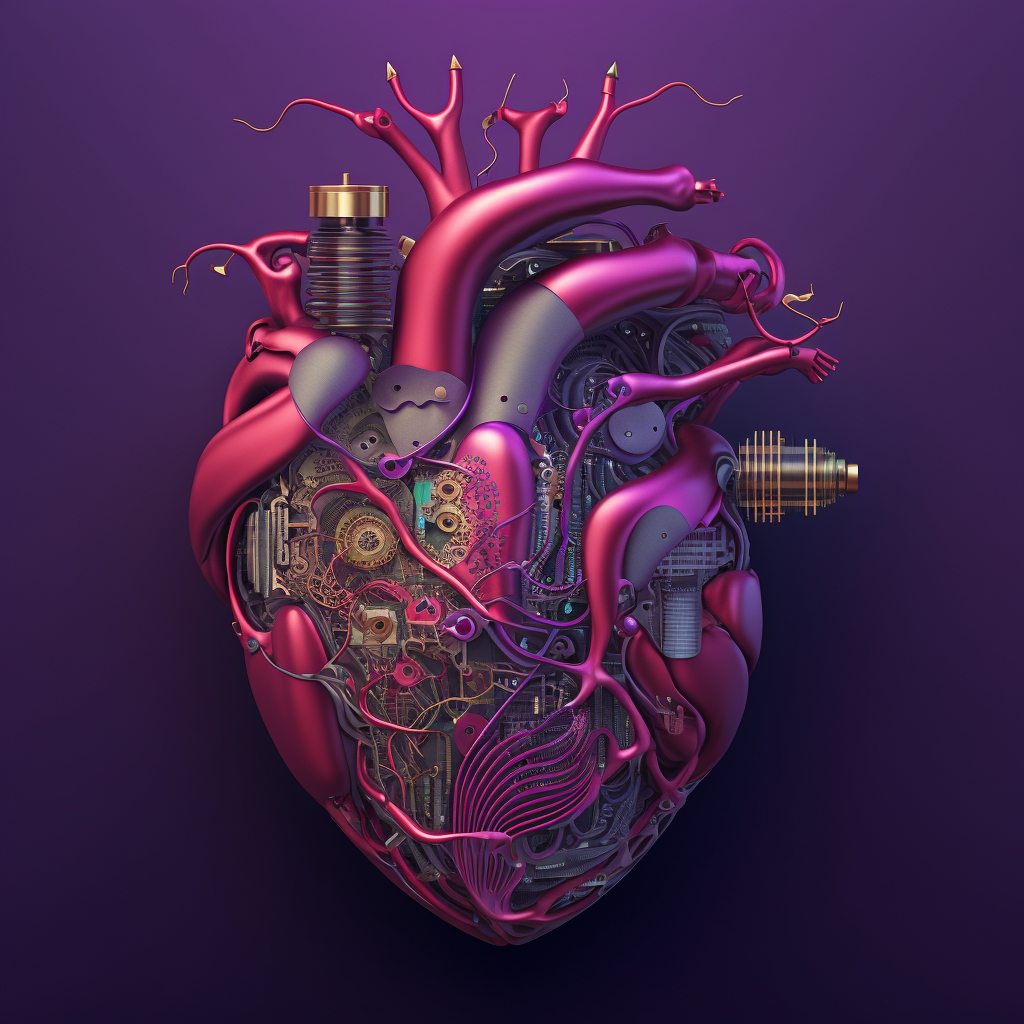 Mechanical heart blending cogs and circuits, epitomizing the synergy of AI and human emotion.