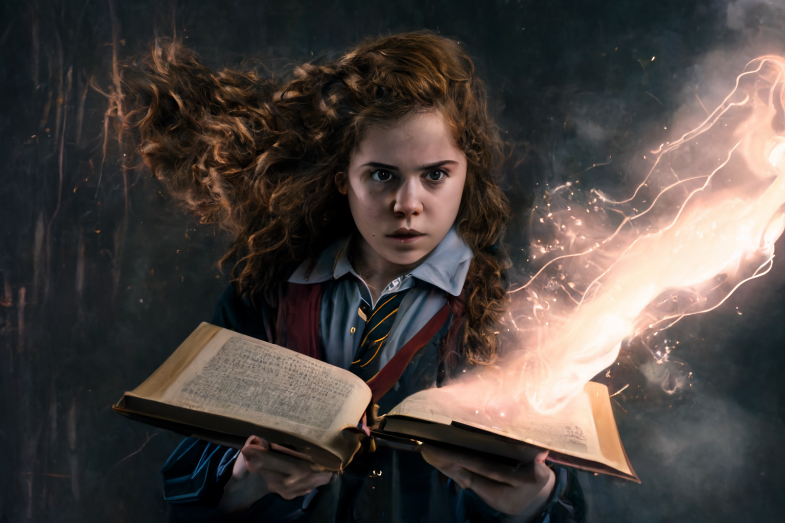 Girl in school uniform with flowing hair, holding a book with emanating mystical light.
