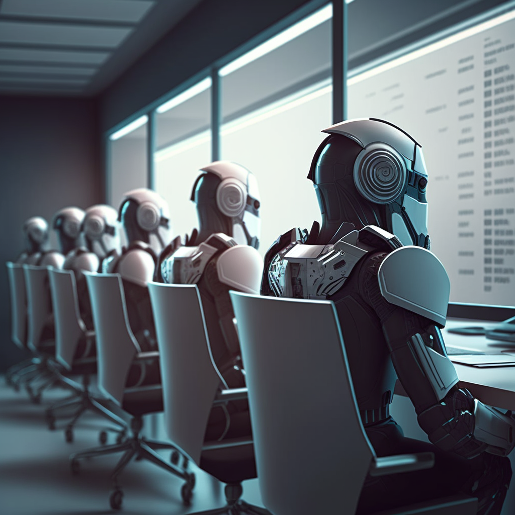 Row of robots seated at computers, symbolizing AI's impact on knowledge work.