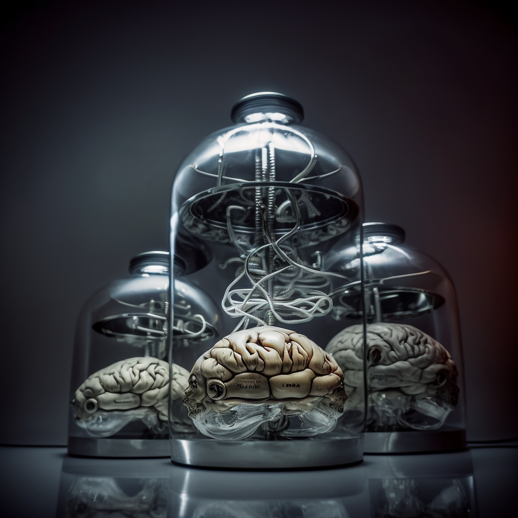 Conceptual art of human brains in bell jars connected by tubes, suggesting AI-enhanced thought processes.