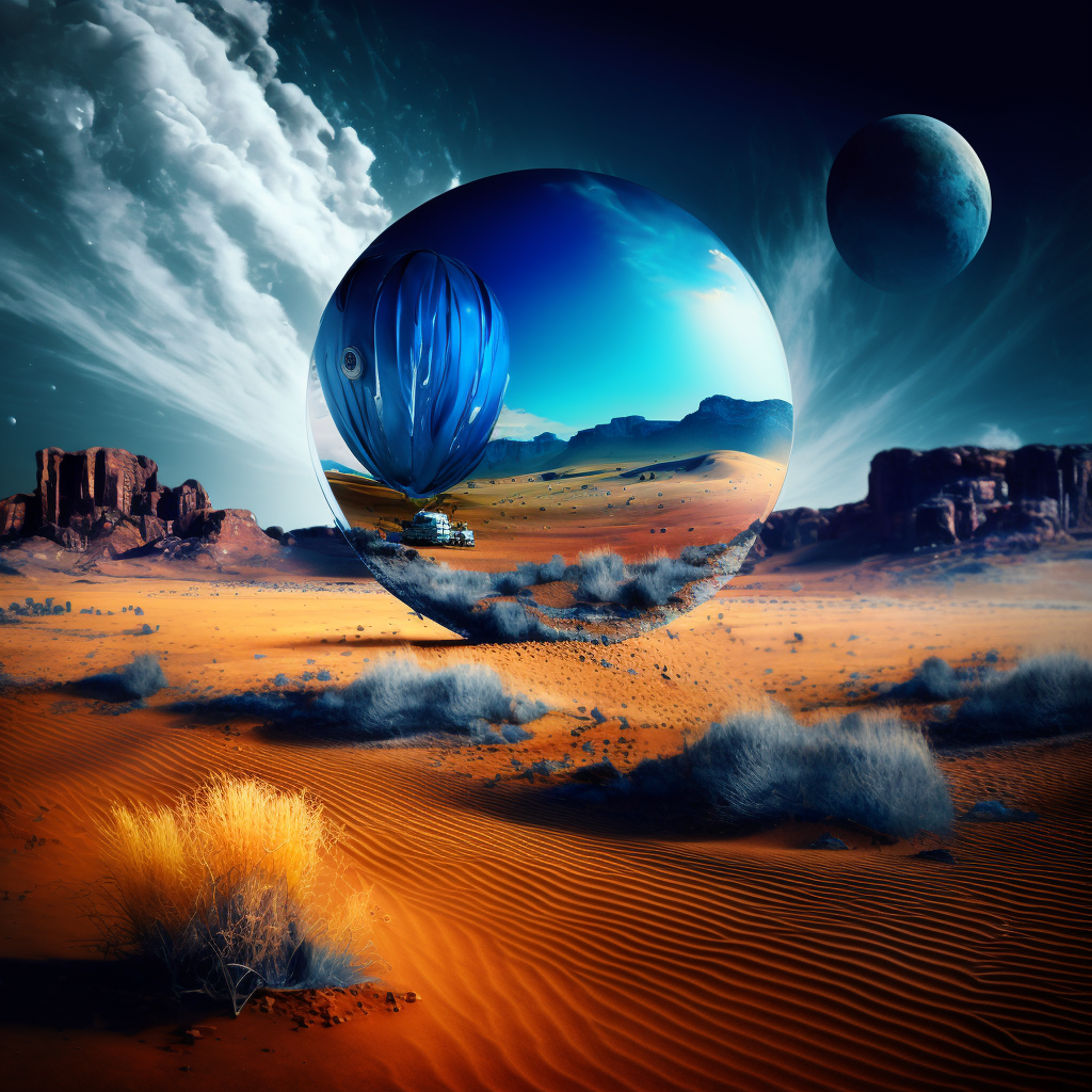 Surreal desert landscape with reflective orb, symbolizing the expansive potential of AI in business innovation.