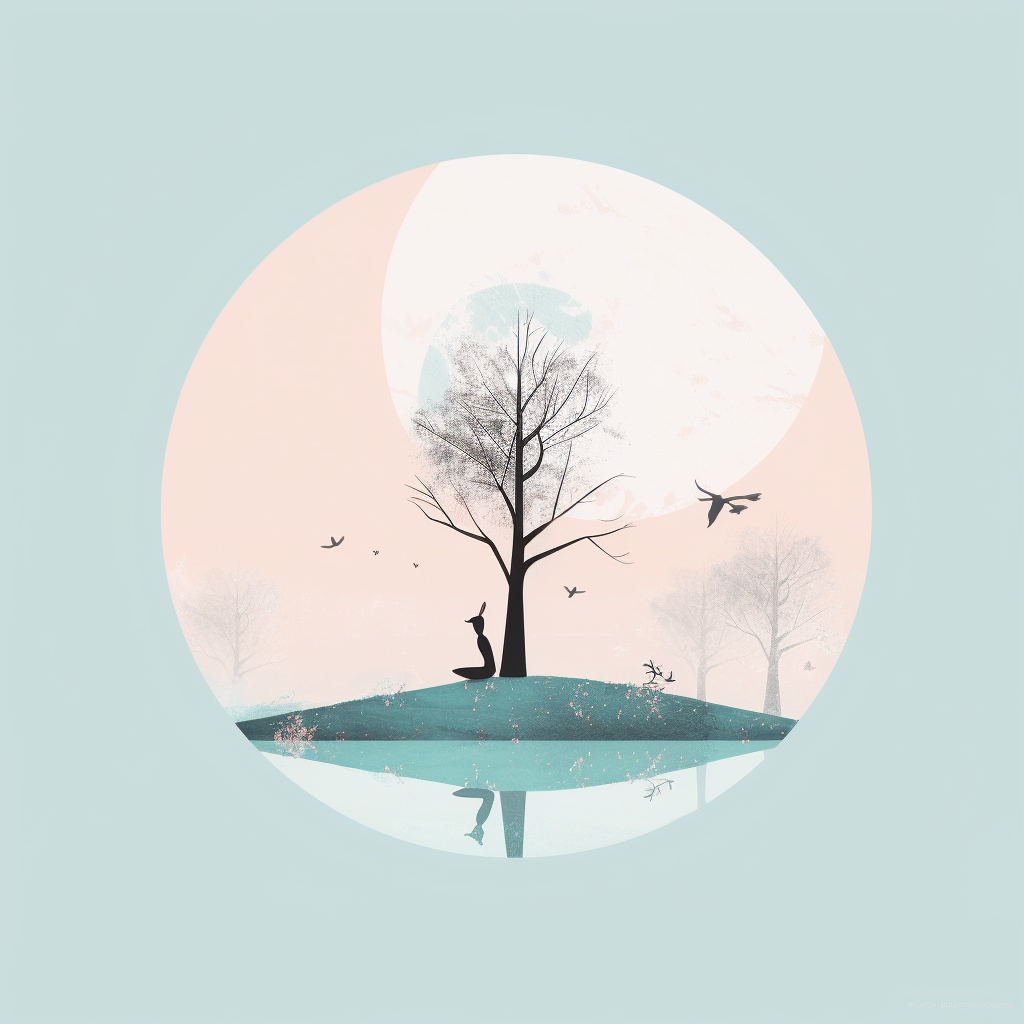 Tranquil scene with a solitary figure under a tree, birds, and moon, reflecting serenity and creativity.