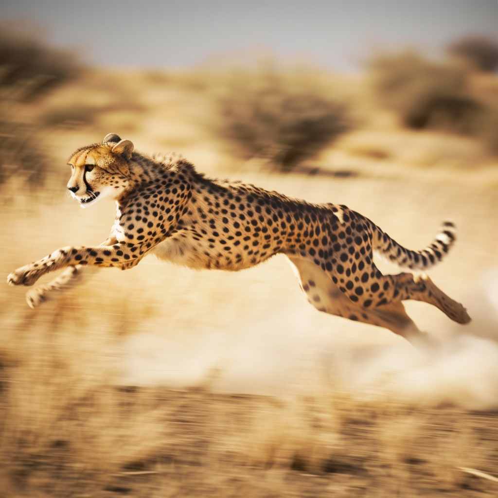 Dynamic cheetah in full sprint, symbolizing the swift innovation and agility in AI-enhanced creativity and ideation.