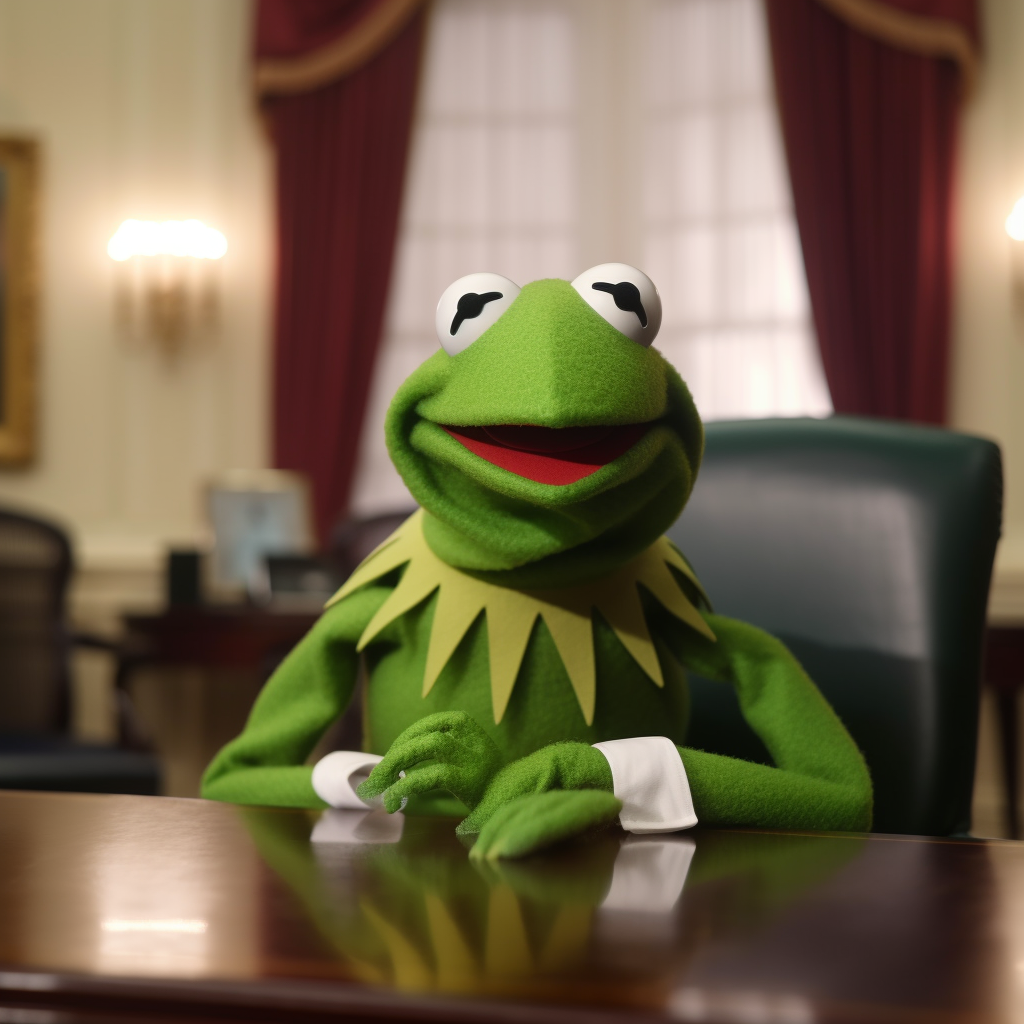 Amiable green frog character at the presidential desk, symbolizing friendly AI leadership in decision-making arenas.