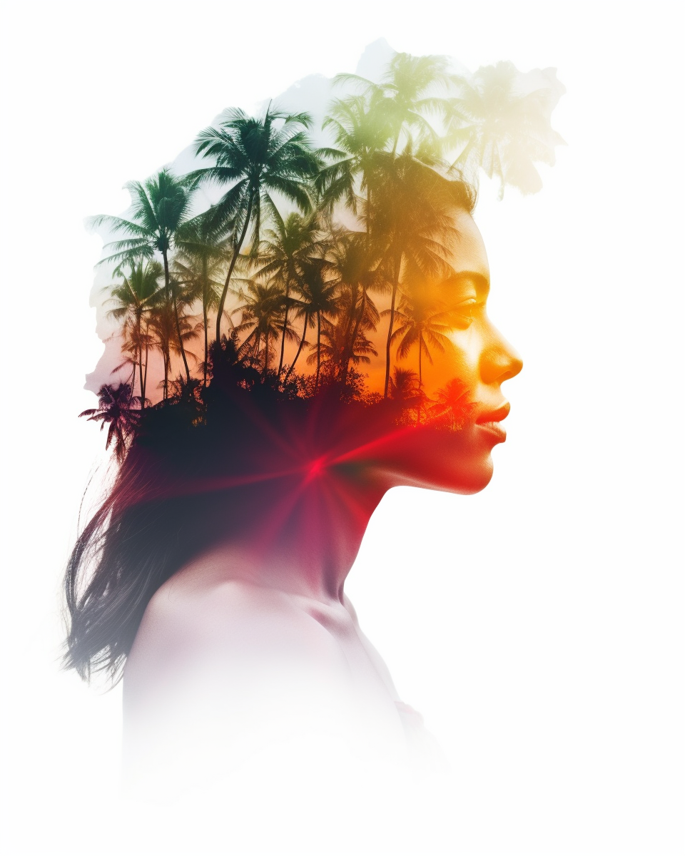 Double exposure portrait blending a woman's silhouette with tropical palms, symbolizing AI-enhanced work culture.