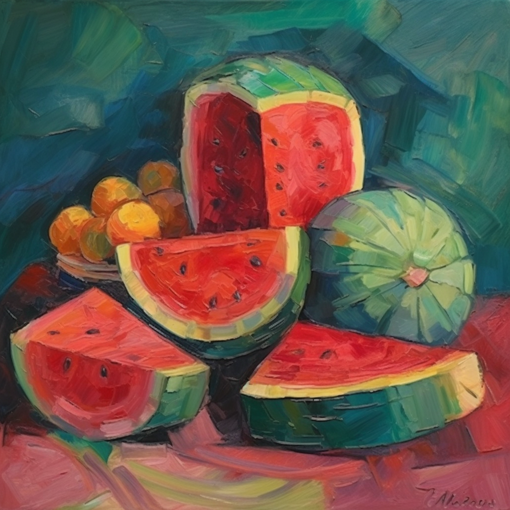 Vibrant oil painting of ripe watermelons and citrus fruits, symbolizing creative abundance and AI-driven workflows.