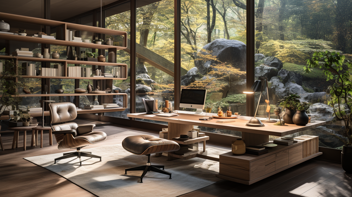 Sleek home office with large windows, forest view, Eames chair, and wooden desk, epitomizing tranquility in design.