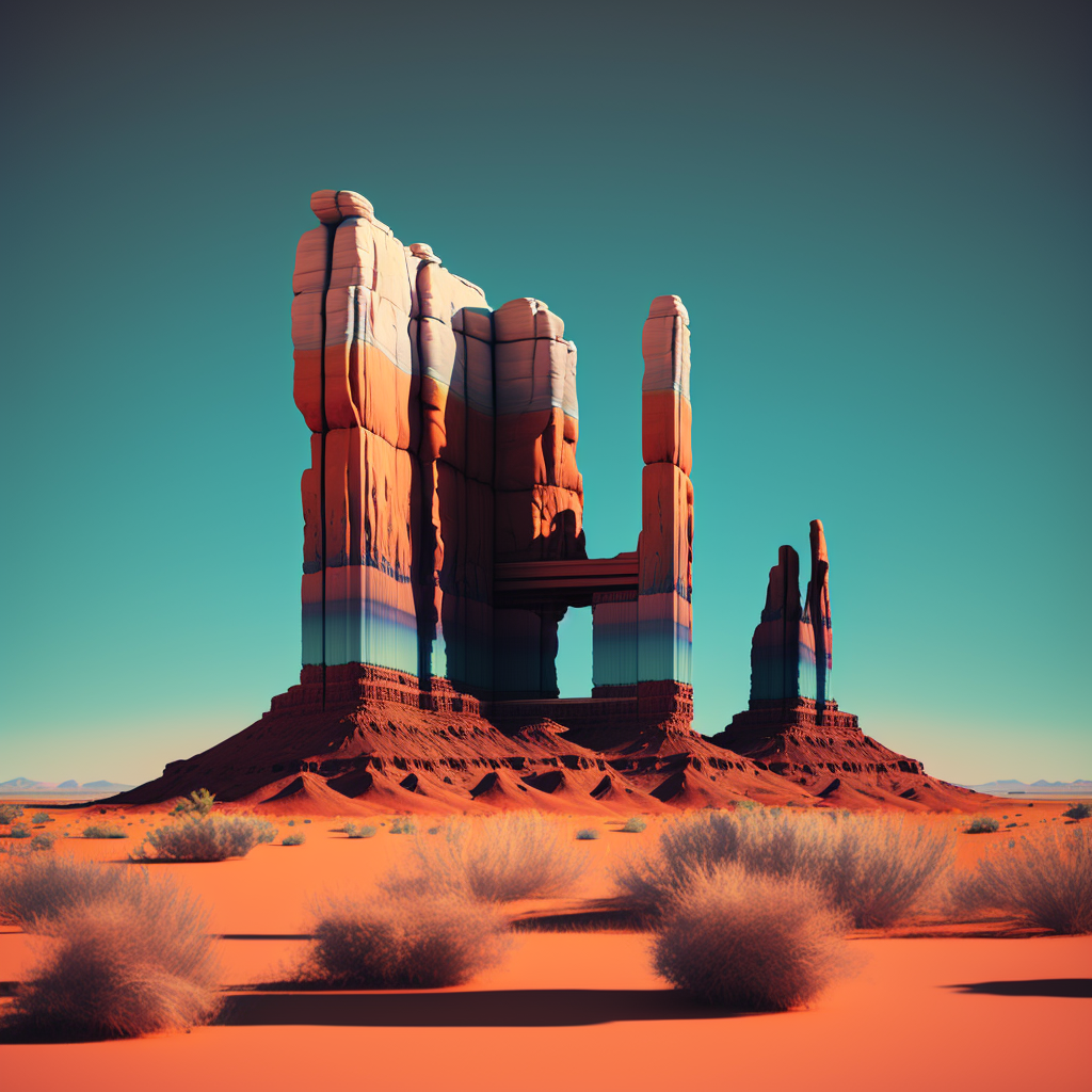 Desert monoliths standing tall, evoking the robust and enduring nature of AI in creative intelligence.