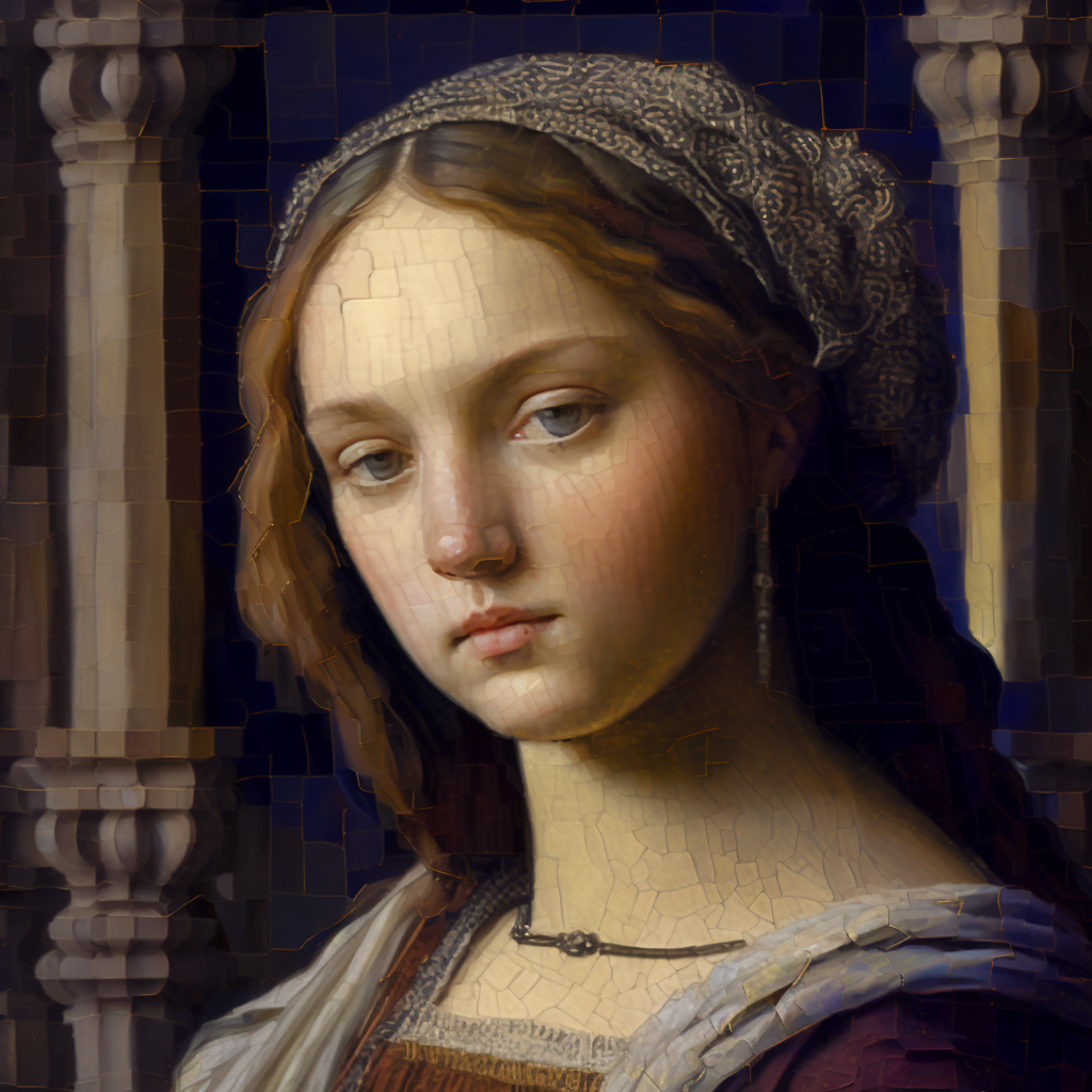 Renaissance-style portrait of a contemplative woman, an allegory for the timeless intersection of AI and human introspection.