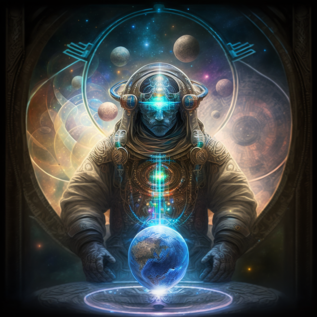 Futuristic representation of an ancient sage holding Earth, symbolizing the melding of AI wisdom and global stewardship.