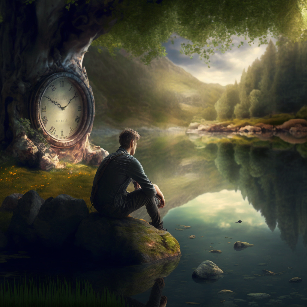 Man reflecting by water with tree-clock, symbolizing contemplative time management in nature's embrace.