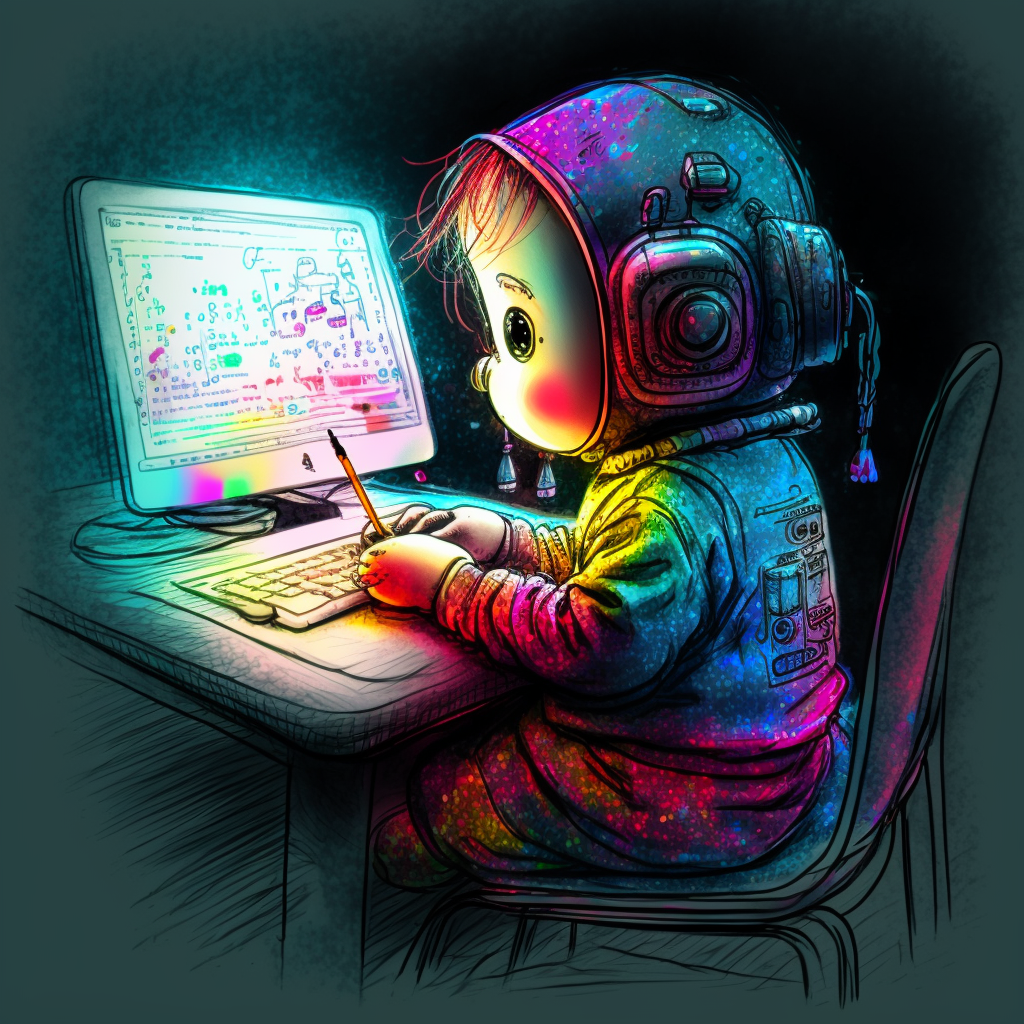 Little girl in space uniform at computer, envisioning the boundless potential of AI in navigating the galaxy of information.