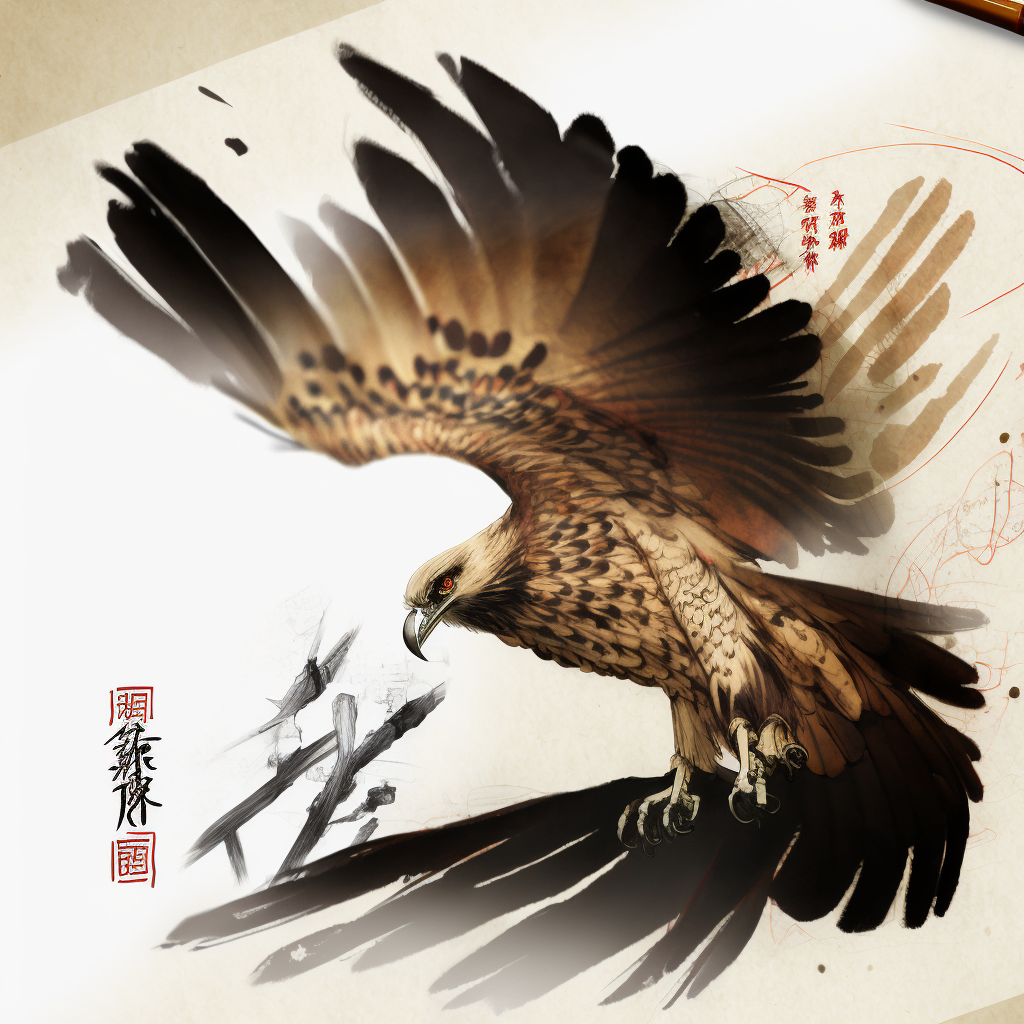 Stylized illustration of an eagle in flight with traditional East Asian artistic influences and calligraphy.