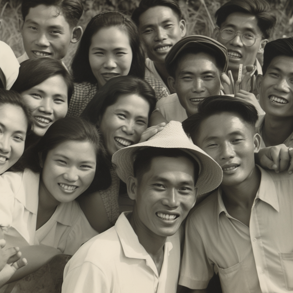 Vintage photo of smiling sakada workers, embodying the enduring human spirit in evolving work landscapes.