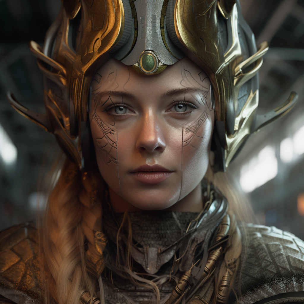 A woman in a detailed futuristic warrior helmet, representing AI's role in the future workforce.