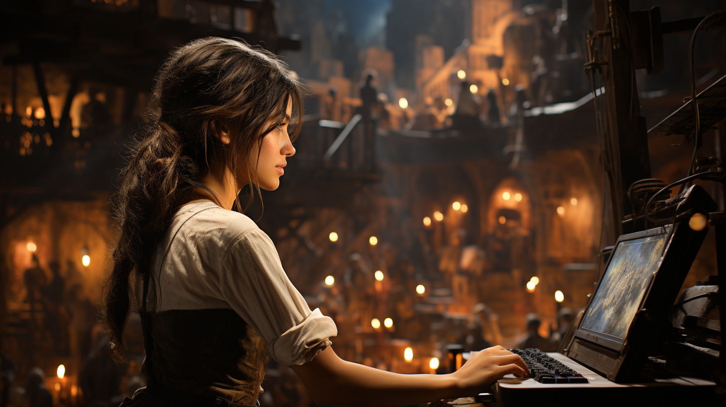 Woman using a laptop in a candle-lit workshop, embodying AI's role in time management and productivity.
