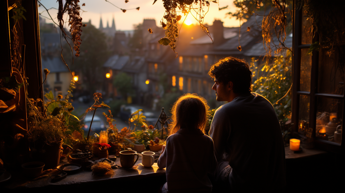 Family silhouette against a sunrise, depicting the harmonization of daily routines with AI assistance for joyful starts.