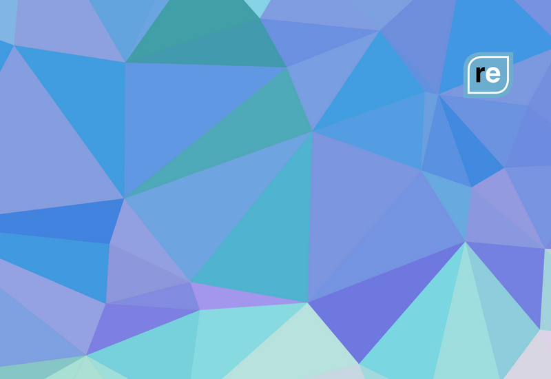 Geometric blue-toned backdrop with 're' logo, denoting innovative productivity.